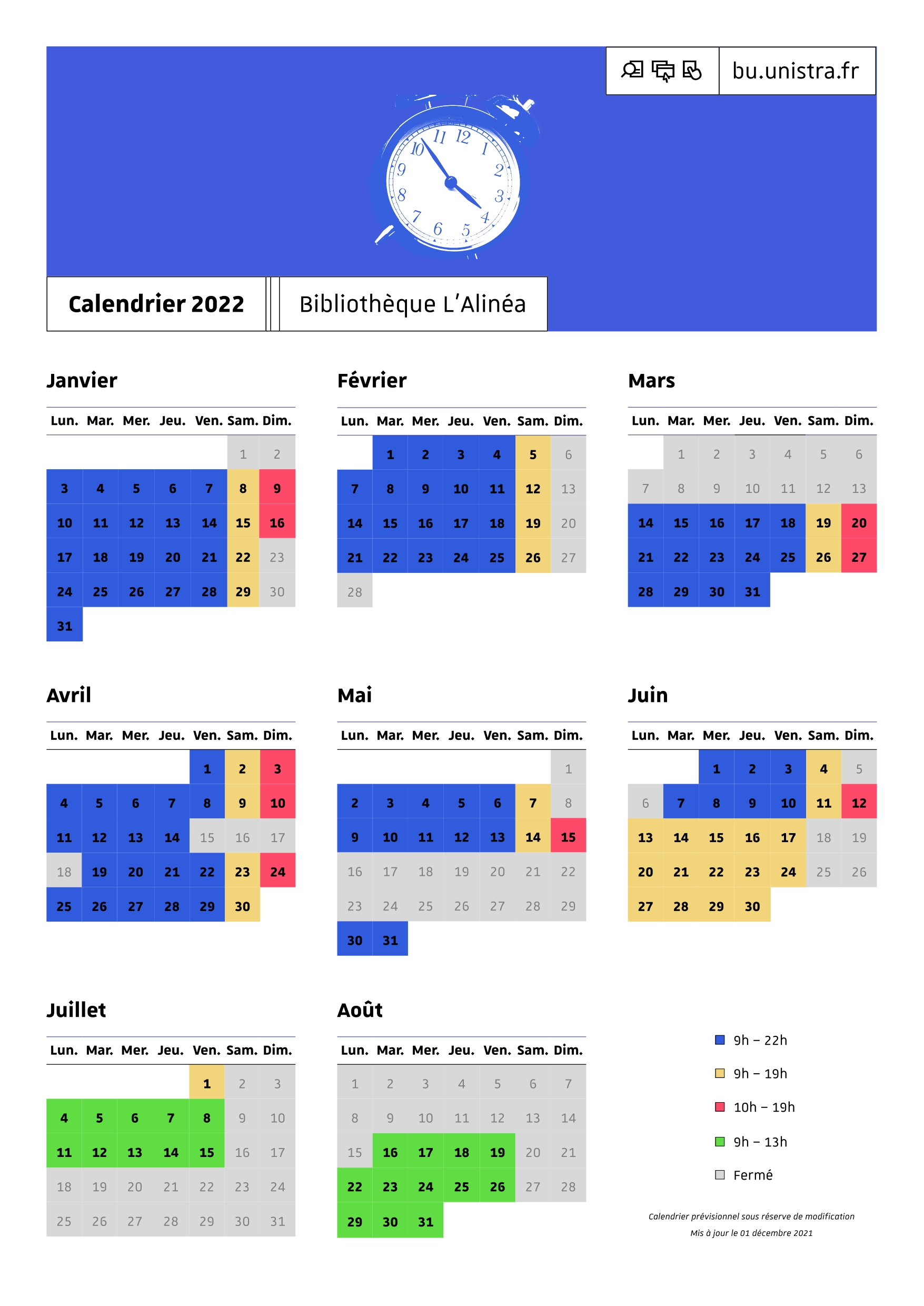 Calendrier janvier > août 2022